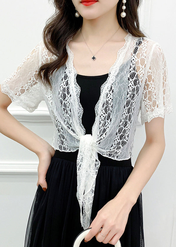 White Hollow Out Lace Cardigan V Neck Short Sleeve