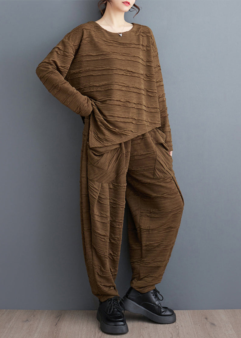 Coffee Asymmetrical Pockets Cotton Two Pieces Set O-neck Long Sleeve