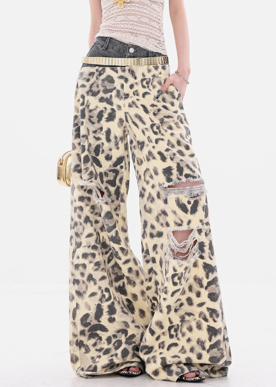 Unique Leopard Hole Patchwork Denim Wide Leg Pants Summer