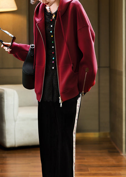 Red Hooded Pockets Zippered Cotton Coats Fall