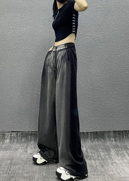 Black Grey Pockets Patchwork Denim Wide Leg Pants Fall