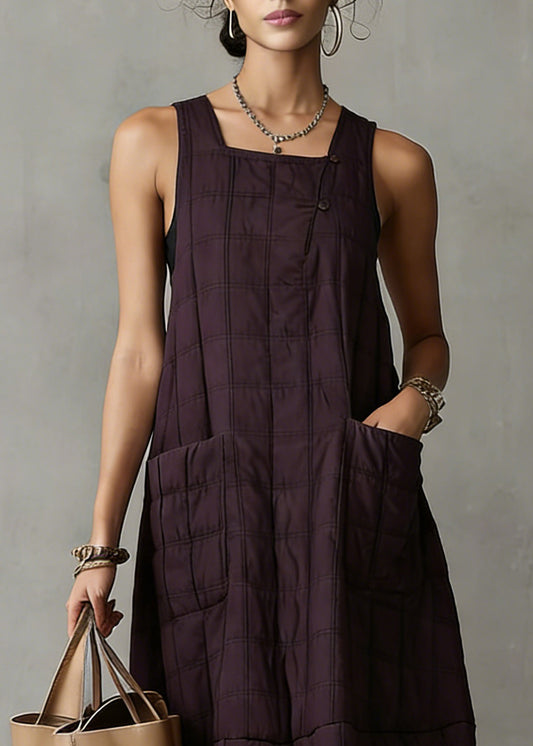 Loose Purple Plaid Pockets Tank Dresses Sleeveless
