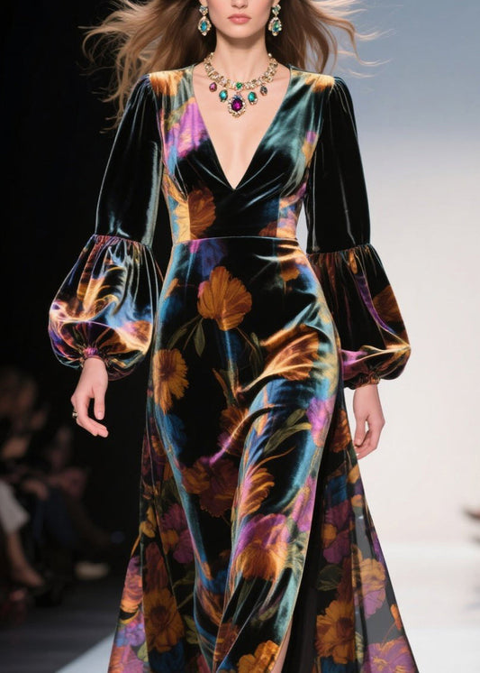 V Neck Print Side Open Velvet Robe Dresses Fall