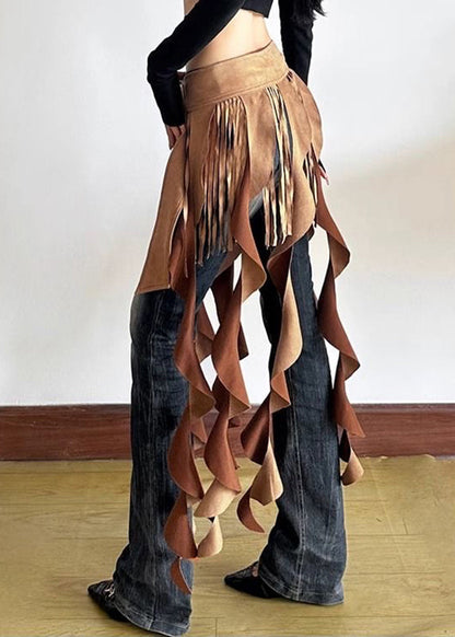 Brown Patchwork Wavy Line Tassel Ribbon Sashes Skirt