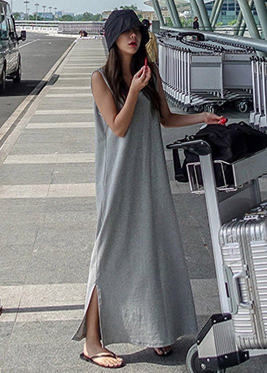 French Grey O-neck Backless Side Open Cotton Long Dress Sleeveless