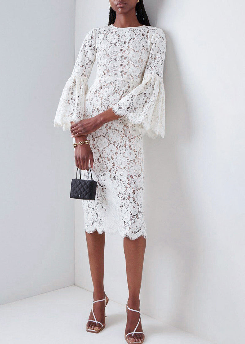 Beige Hollow Out Side Open Lace Dress Flare Sleeve