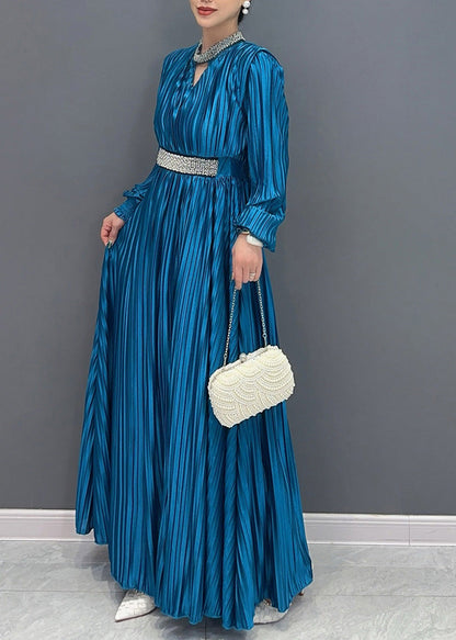Blue V Neck Wrinkled Maxi Dress Long Sleeve