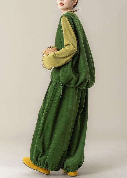 Grass Green Vest T Shirt and Pants Corduroy Three Pieces Set Spring