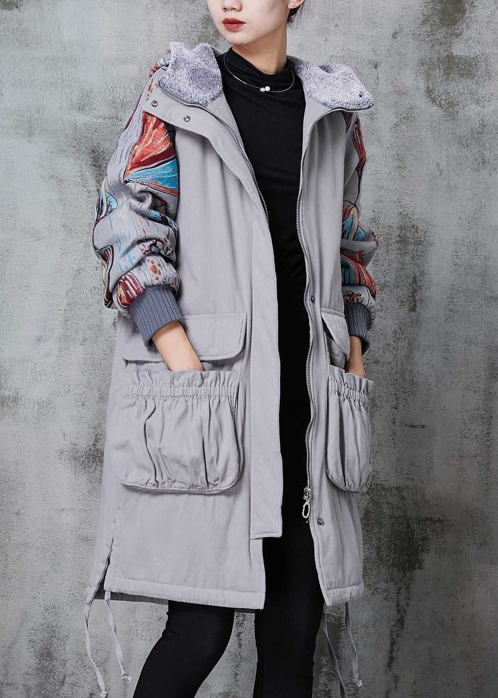 Grey Hooded Print Pockets Fine Cotton Filled Coats Winter