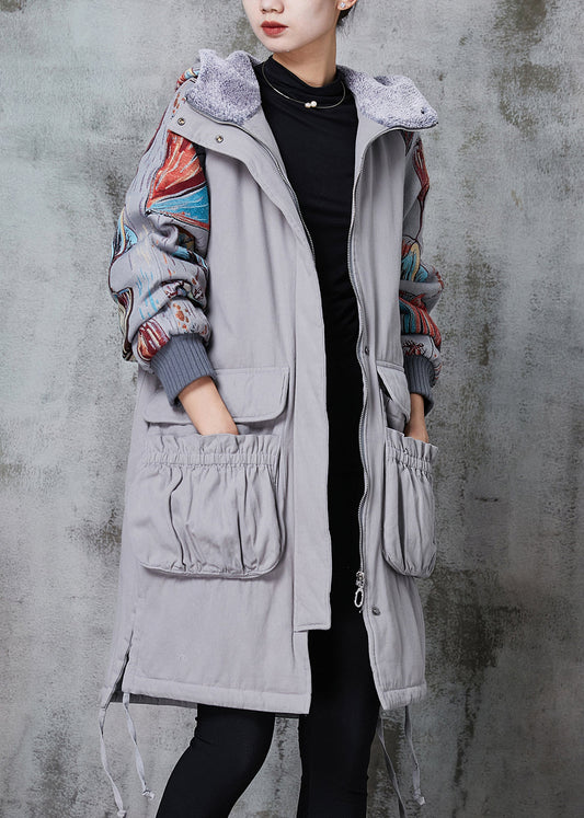 Grey Hooded Print Pockets Fine Cotton Filled Coats Winter