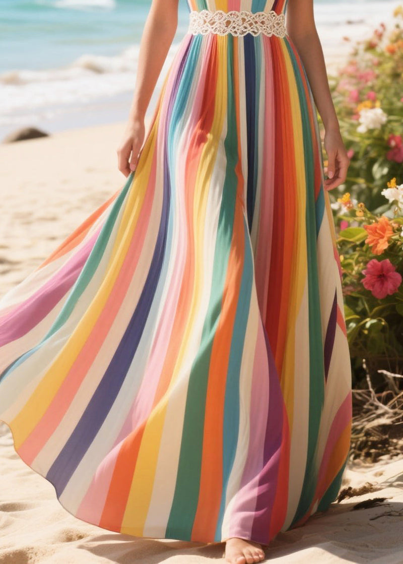 Rainbow Striped Chiffon Strapless Dresses Summer