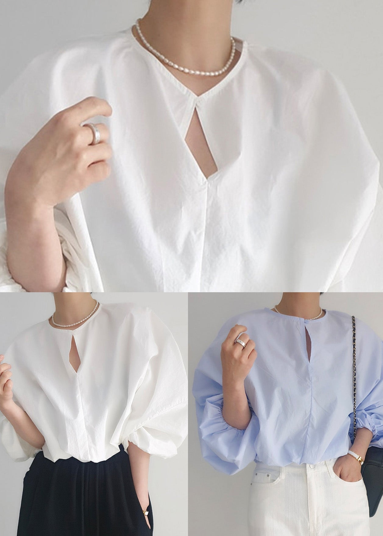 Light Blue Hollow Out Loose Shirts O-neck Puff Sleeve