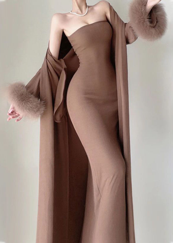 Modern Coffee Knit Cotton Long Cardigans and Long Dress Two Pieces Set Winter