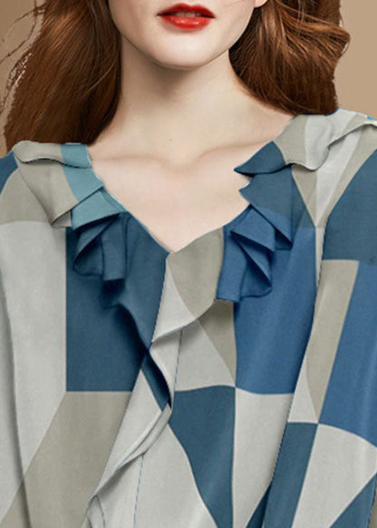 Colorblock V Neck Print Ruffles Chiffon Shirt Spring