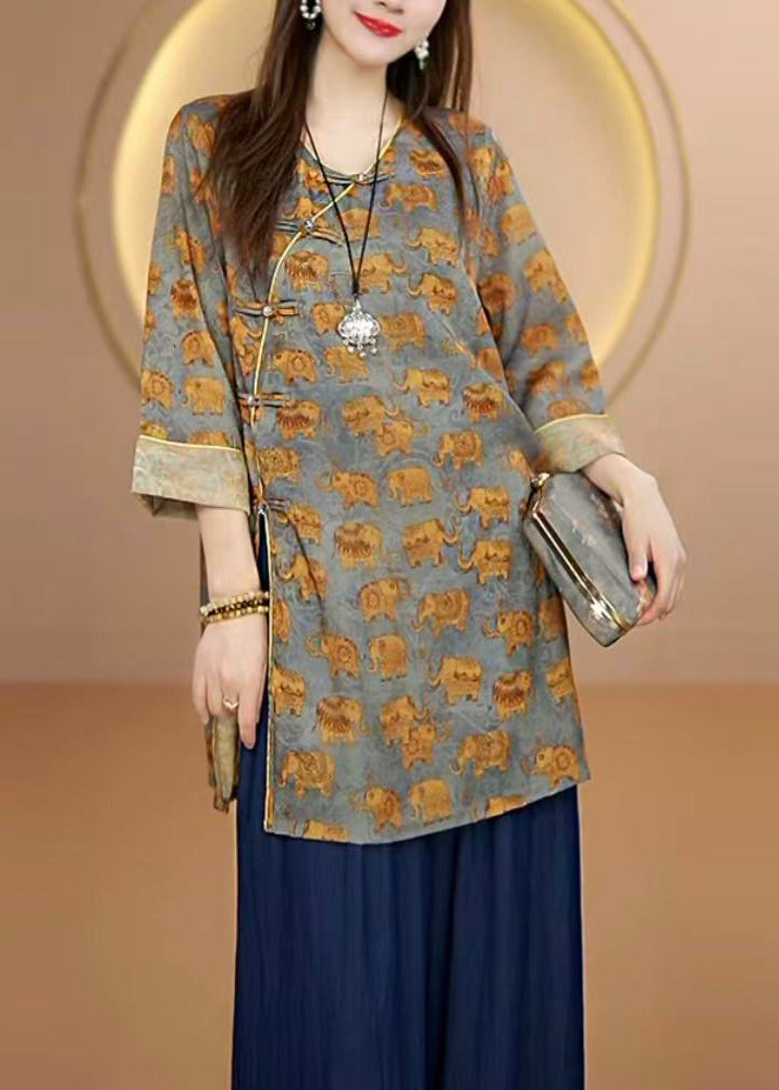 Yellow O Neck Print Oriental Button Silk Top Bracelet Sleeve