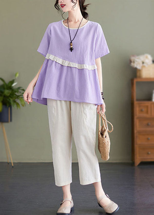 Light Purple O-neck Ruffled Patchwork Cotton Tops and Harem Pants Two Pieces Set Summer