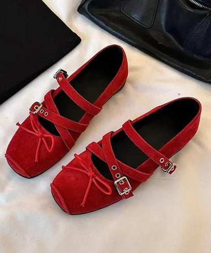 Comfy Cross Strap Bow Splicing Wedge Heel Shoes Red Suede