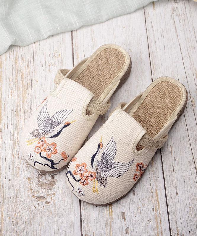 Khaki Embroideried Linen Fabric Slippers Shoes