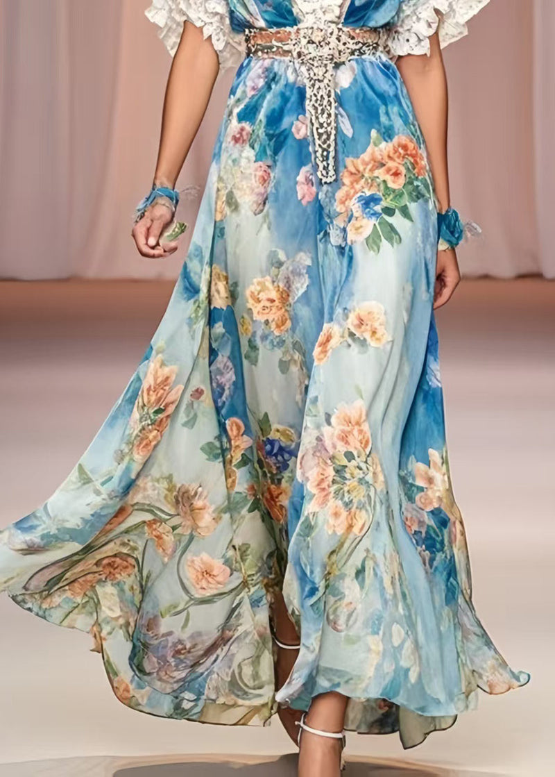Blue Cinched Print Chiffon Maxi Dress Summer
