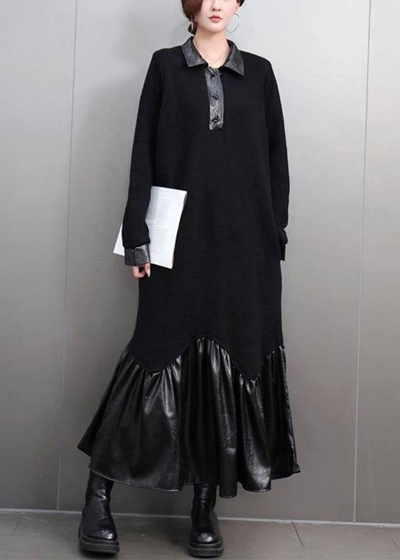 Black Peter Pan Collar Patchwork Button Maxi Dresses Spring