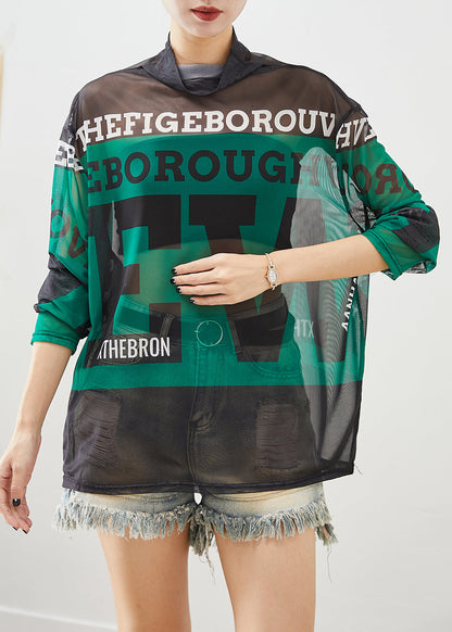 Green Turtle Neck Letter Print Tulle Tops Fall