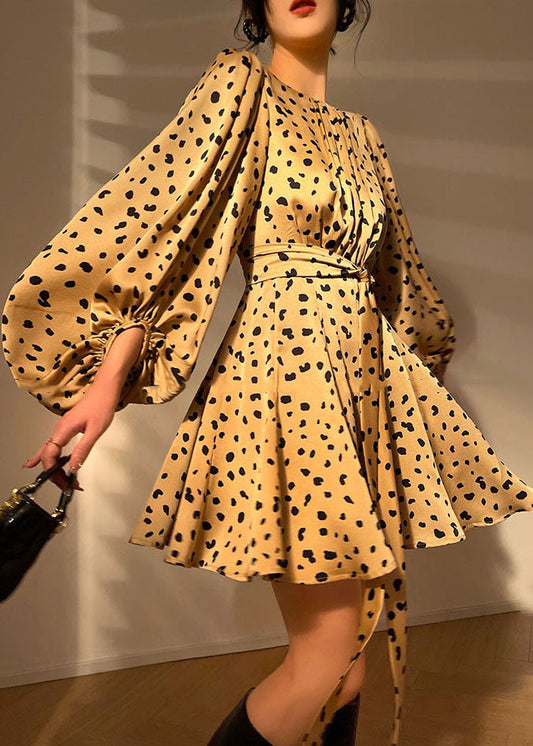 French Yellow O-neck Leopard Print Draping Silk Party Mid Dress Lantern Sleeve