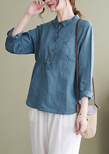French Blue Peter Pan Collar Buttton Drawstring Cotton Shirts Long Sleeve