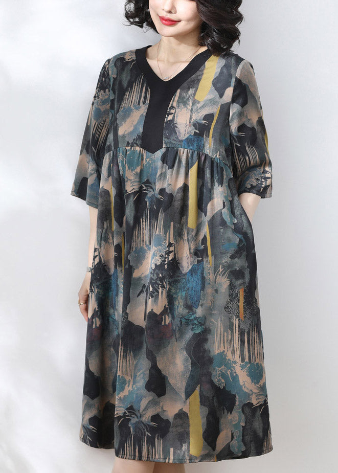 Blue V Neck Print Wrinkled Dress Half Sleeve