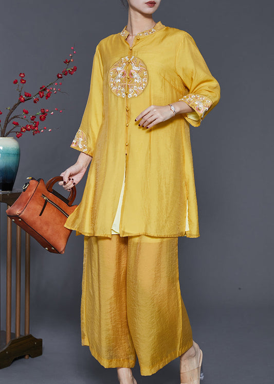 Yellow Linen Silk Two Piece Set Clothing Embroidered Spring