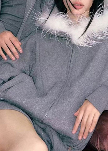 Grey Fur Collar Zippered Fleece Sweatshirt and Skirts Two Pieces Set Winter