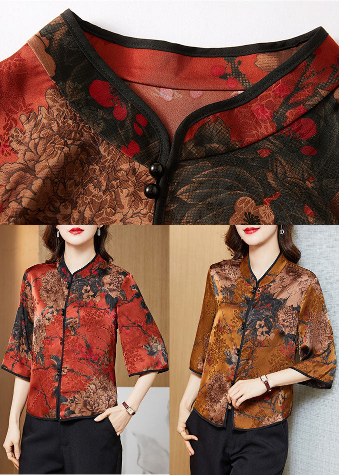 White Text Mandarin Collar Print Silk Shirt Tops Half Sleeve