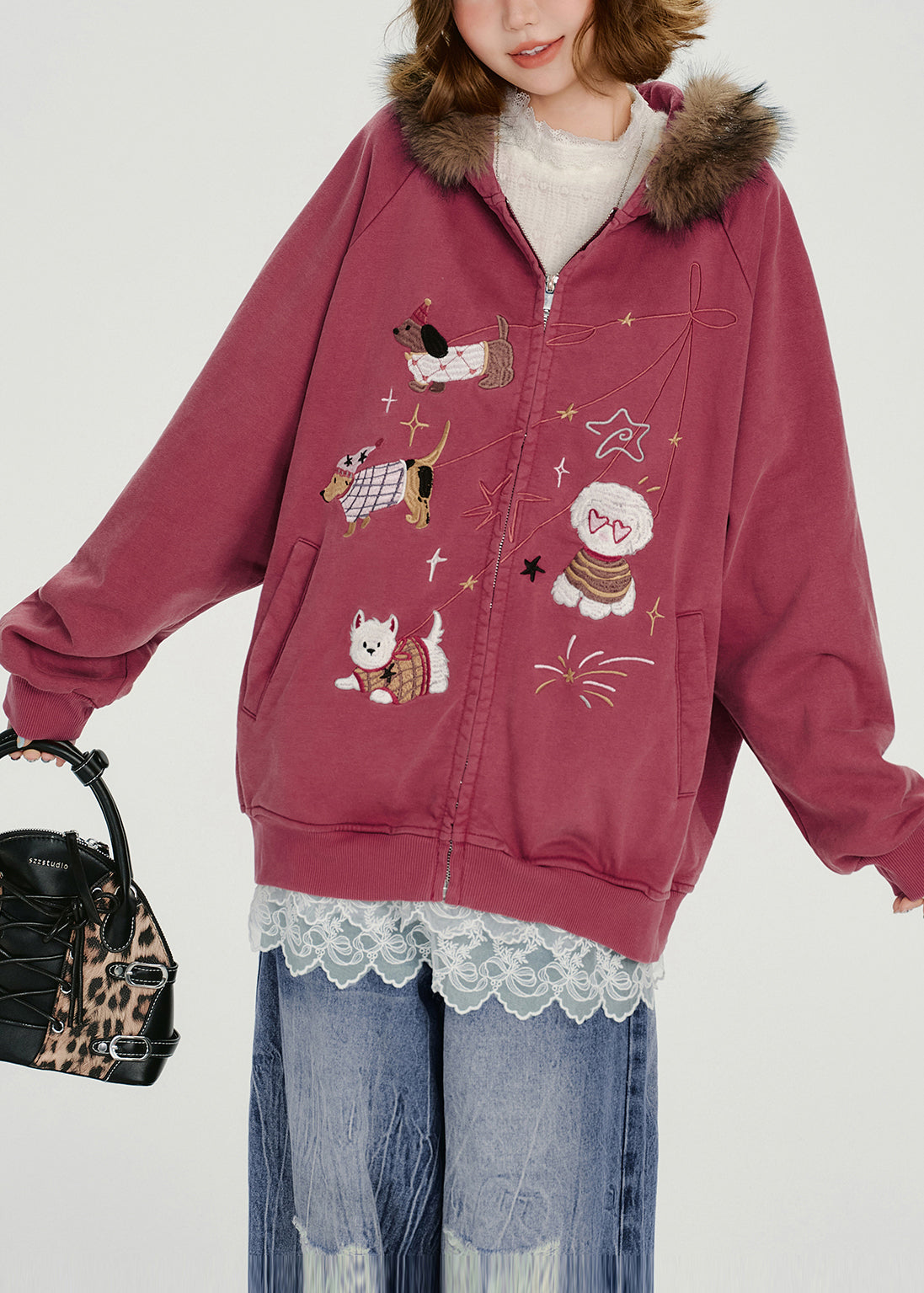 Rose Embroidered Cotton Hooded Coat Spring