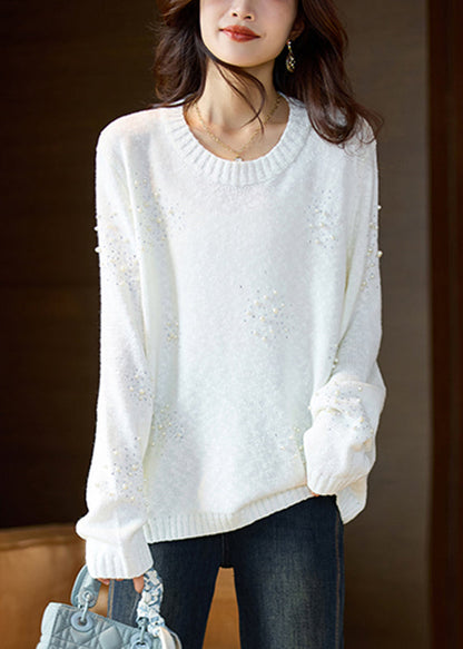 Stylish White O-neck Nail Bead Cotton Knit Sweater Spring