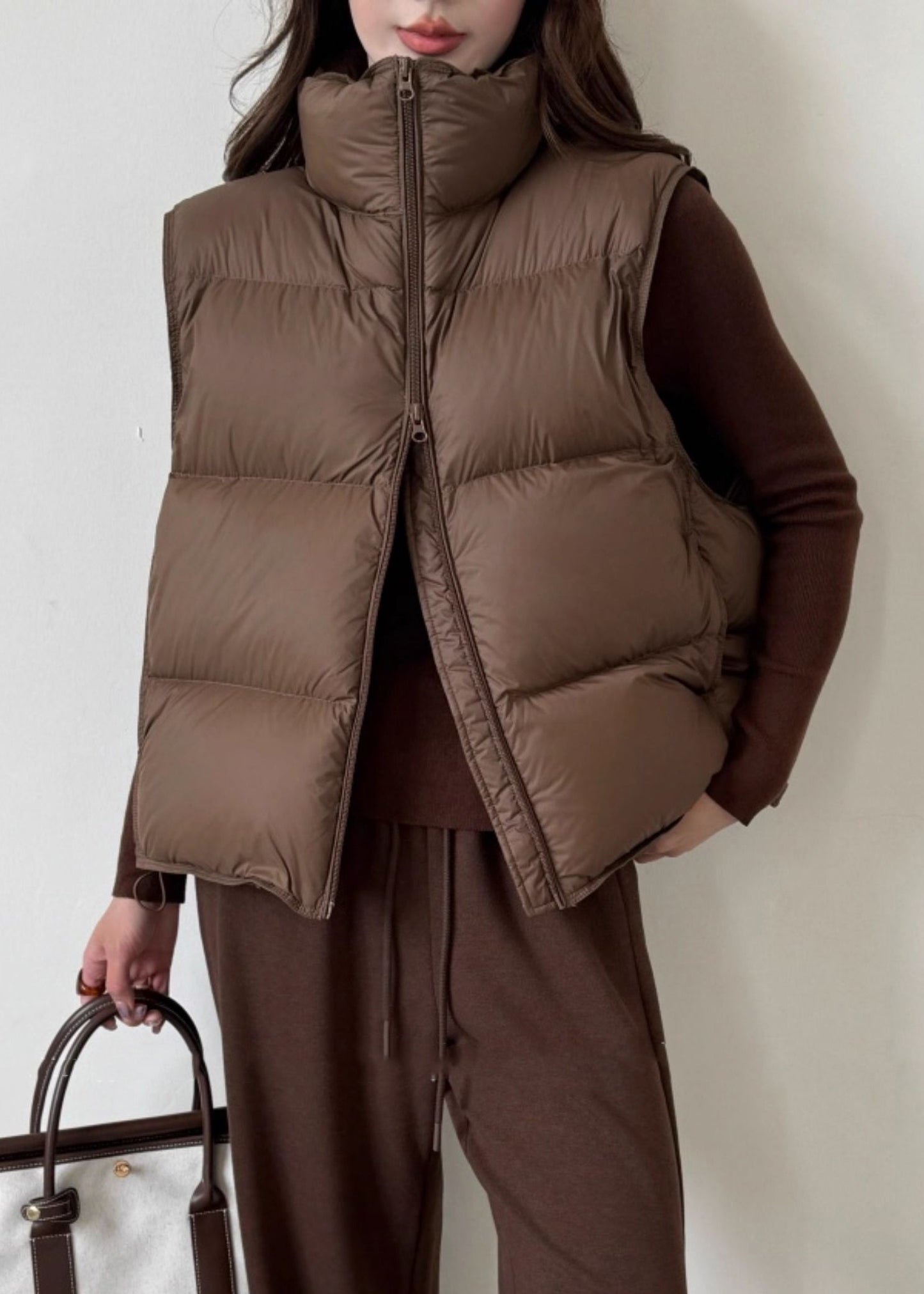 Coffee Stand Collar Zip Up Duck Down Waistcoat Sleeveless