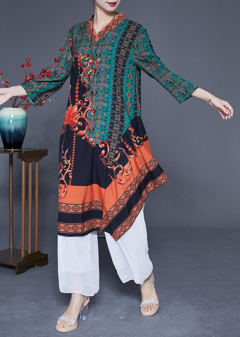 Green Asymmetrical Patchwork Print Silk Maxi Dresses Spring