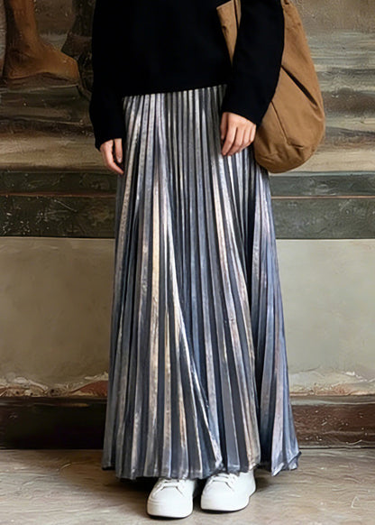 Unique Silver Elastic Waist Maxi Pleated Skirts Spring