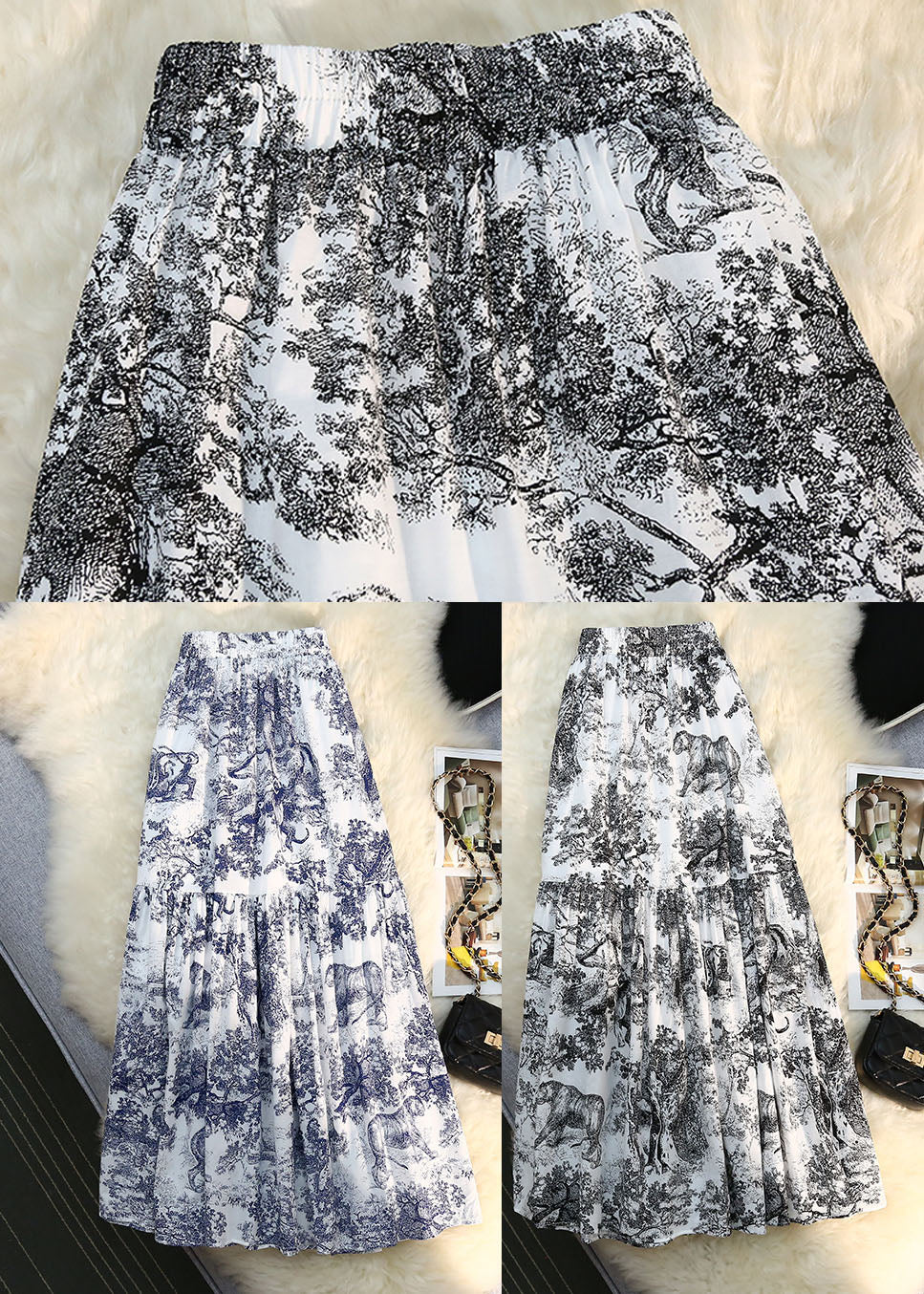 Season New Elastic Waist Retro Blue Print Ruffled Big Swing Skirt