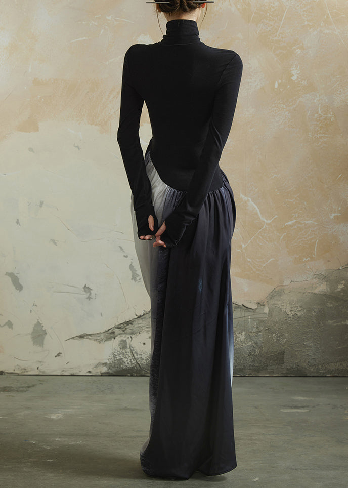 Black Hign Neck Wrinkled Patchwork Cotton Dress Fall