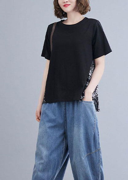 Black Patchwork Print O-neck Cotton Tops Summer