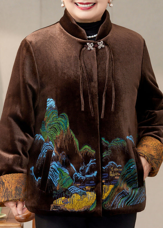 Coffee Print Pockets Silk Velvet Warm Coats Spring
