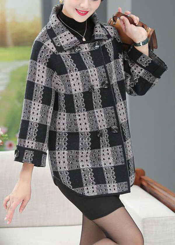Black Peter Pan Collar Plaid Bouble Breast Woolen Coats Long Sleeve