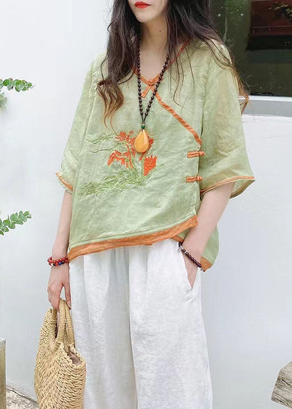 Green Asymmetrical Button Linen Tops Half Sleeve