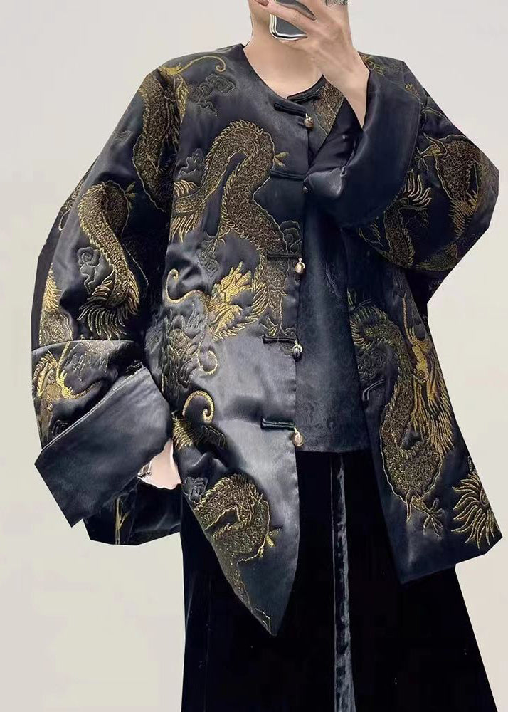 Black Dragon Embroideried Oversized Chinese Button Silk Coats Fall