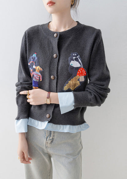 Grey Oversized Patchwork Knit Fake Two Piece Cardigan Winter