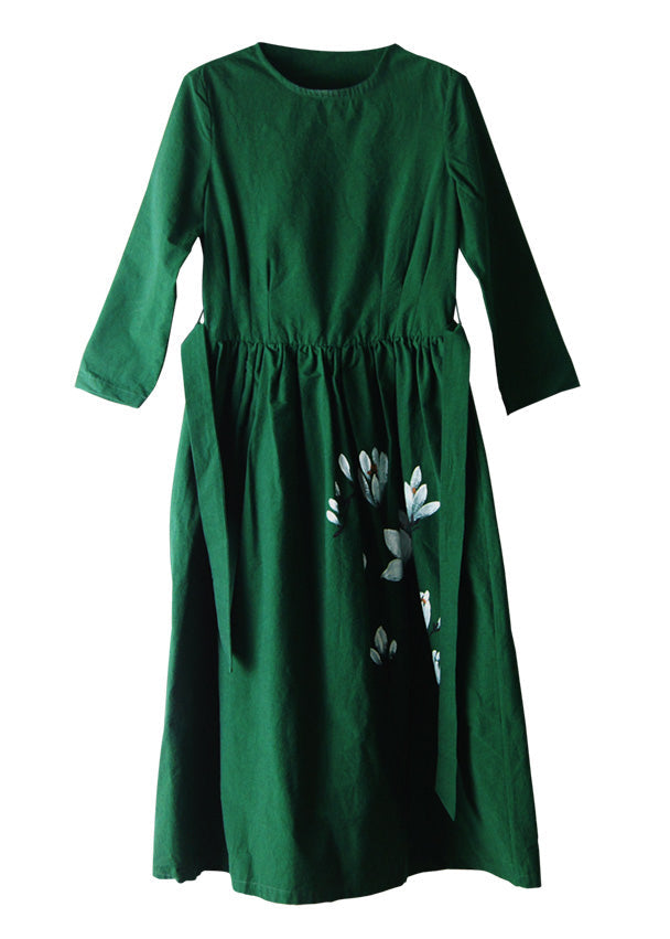Natural Green O-neck Cinched Sashes Print Linen Dress Three Quarter Sleeve