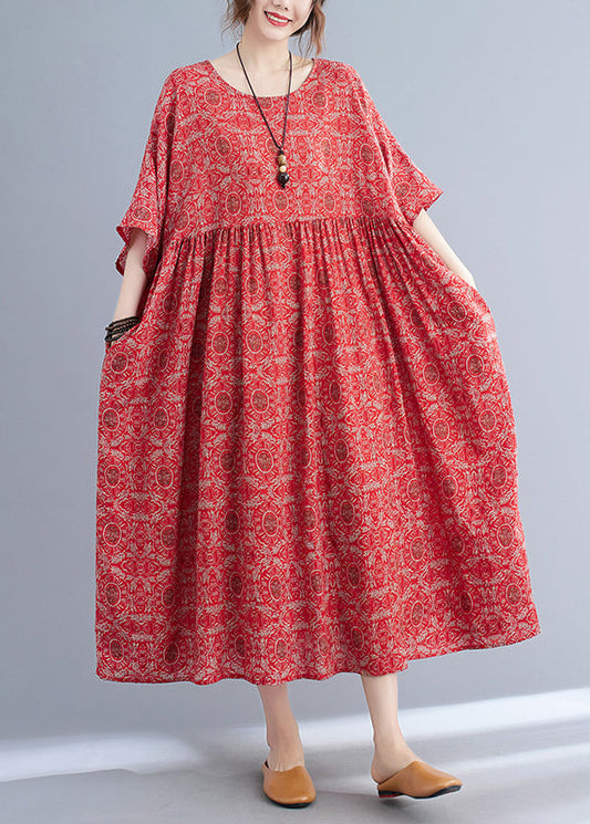 Red O-neck Print Maxi Dress Summer