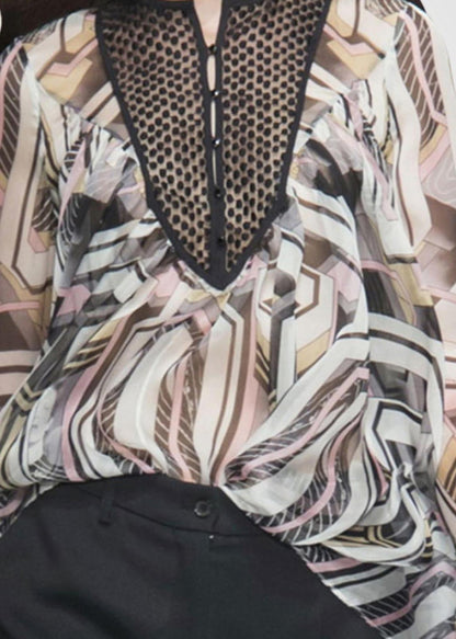 Print Draping Chiffon Shirt Top Lantern Sleeve
