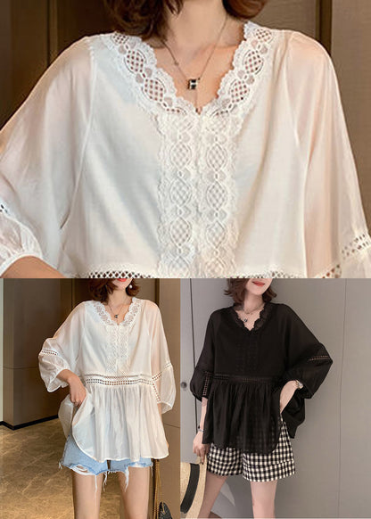 Black V Neck Hollow Out Patchwork Lace Shirt Three Quarter Sleeve