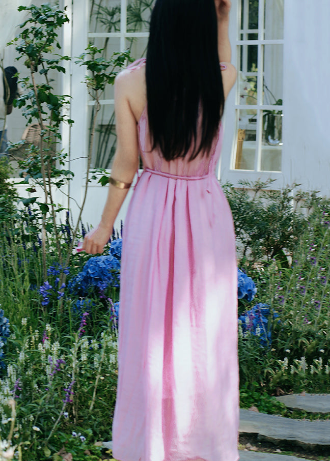 Pink Ruffled Lace Up Cotton Long Dress Sleeveless