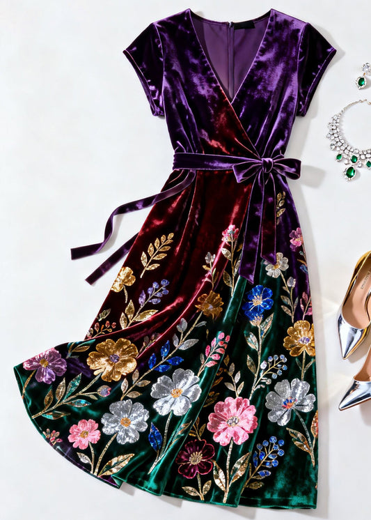 Purple V Neck Print Tie Waist Silk Velvet Dress Summer